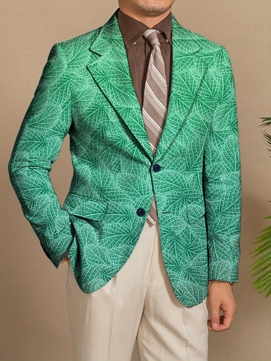 Men's green leaf pattern slim fit blazer by SHOWLU FASHION STORE, casual American-style polyester jacket with button details.