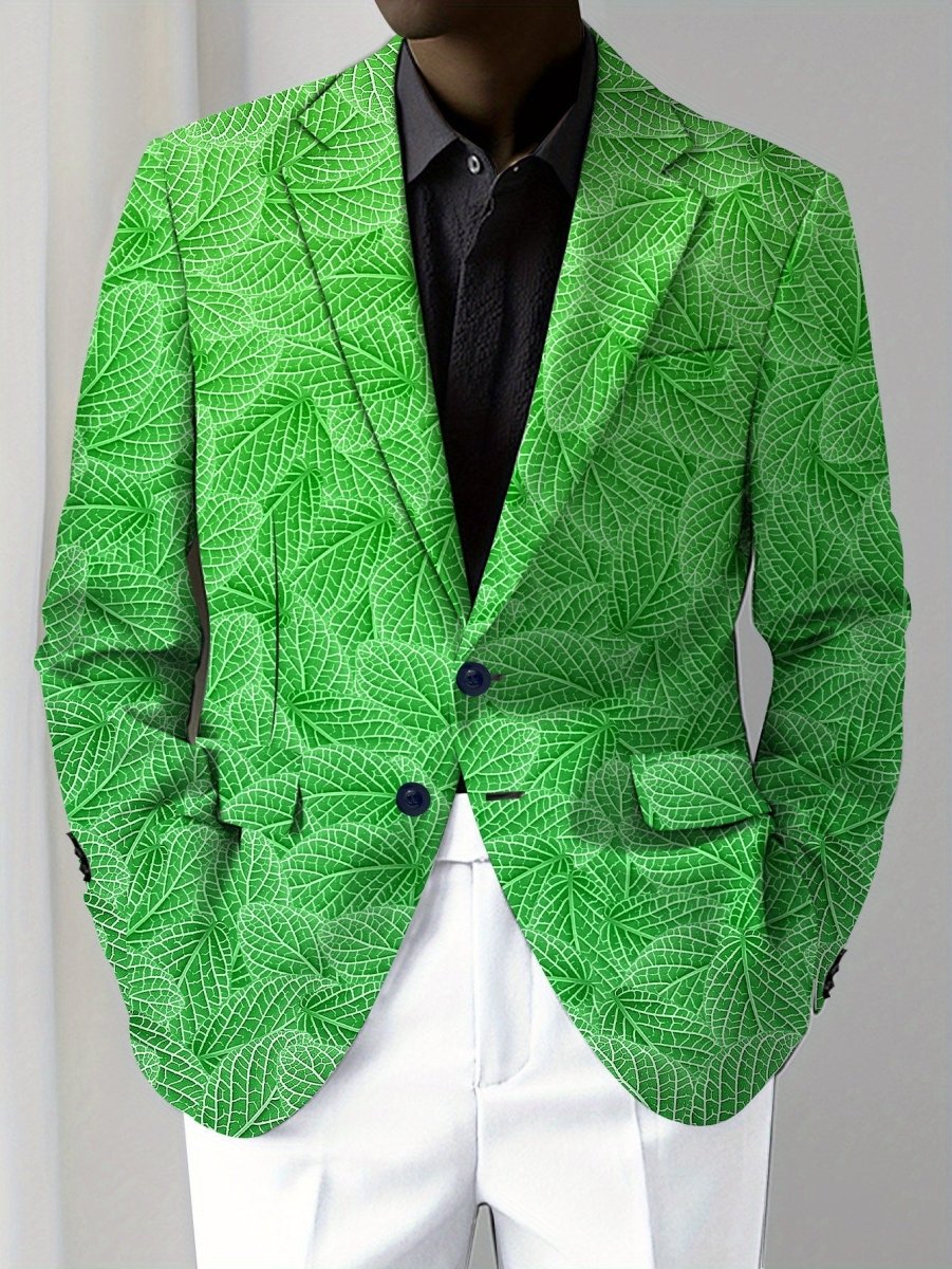 Men's green leaf pattern slim fit blazer by SHOWLU Fashion Store, casual American style polyester jacket with button details.