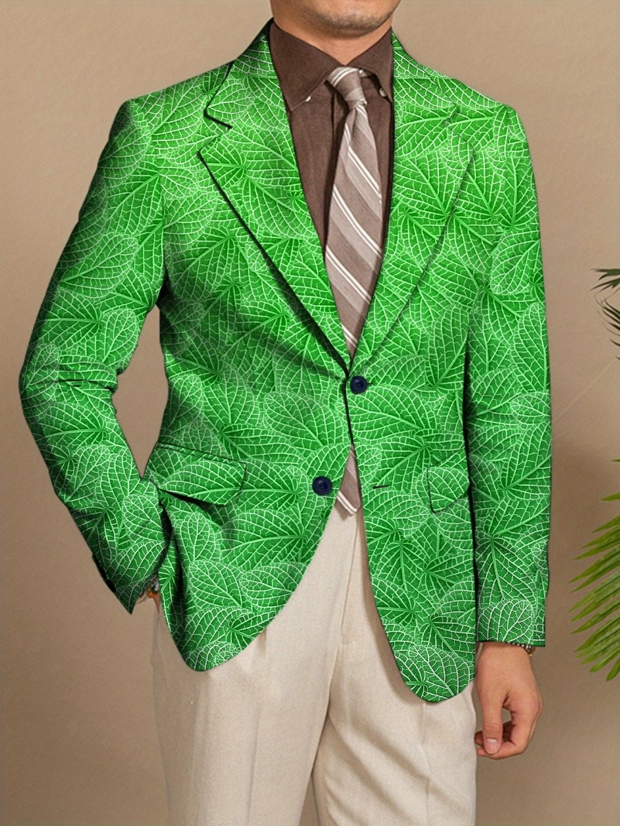Men's green leaf pattern slim fit blazer by SHOWLU, casual polyester blazer with button details and all-season wear.