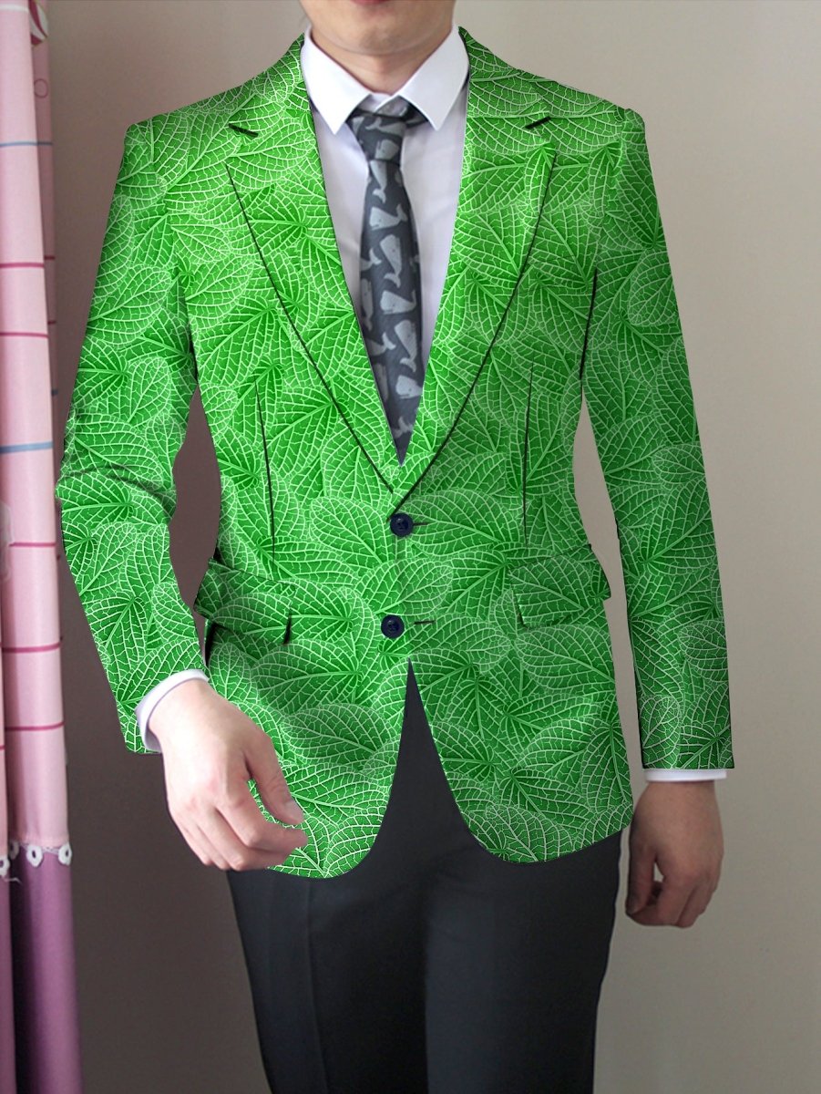 Men's green leaf pattern slim fit blazer by SHOWLU, casual polyester jacket with button detail, all-season American style clothing.