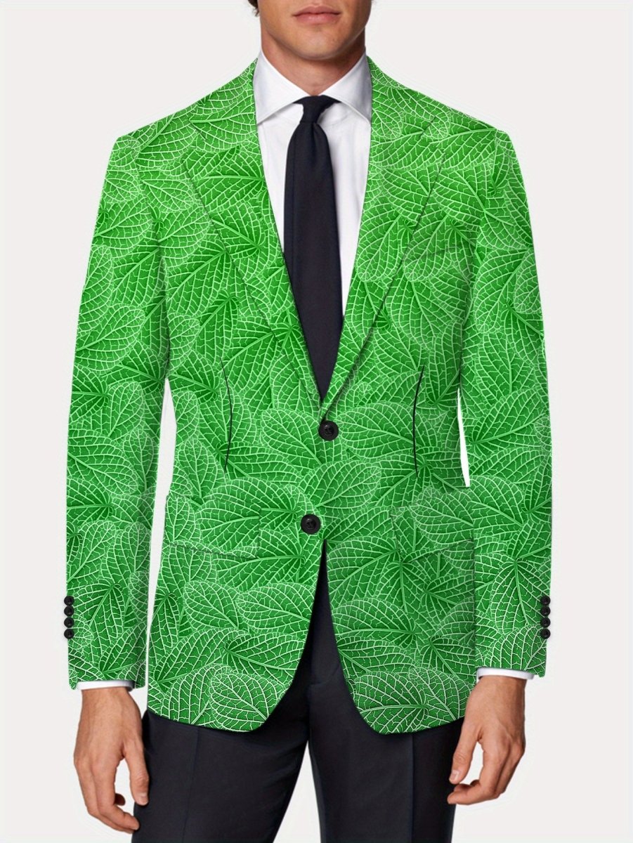Men's green leaf pattern slim fit blazer by SHOWLU FASHION STORE, casual polyester blazer with button details and all-season wear.