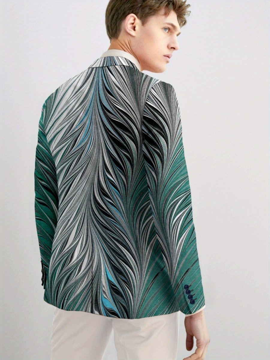 SHOWLU men's slim fit blazer with vibrant feather print, single button closure, long sleeves, ideal for casual or social events.