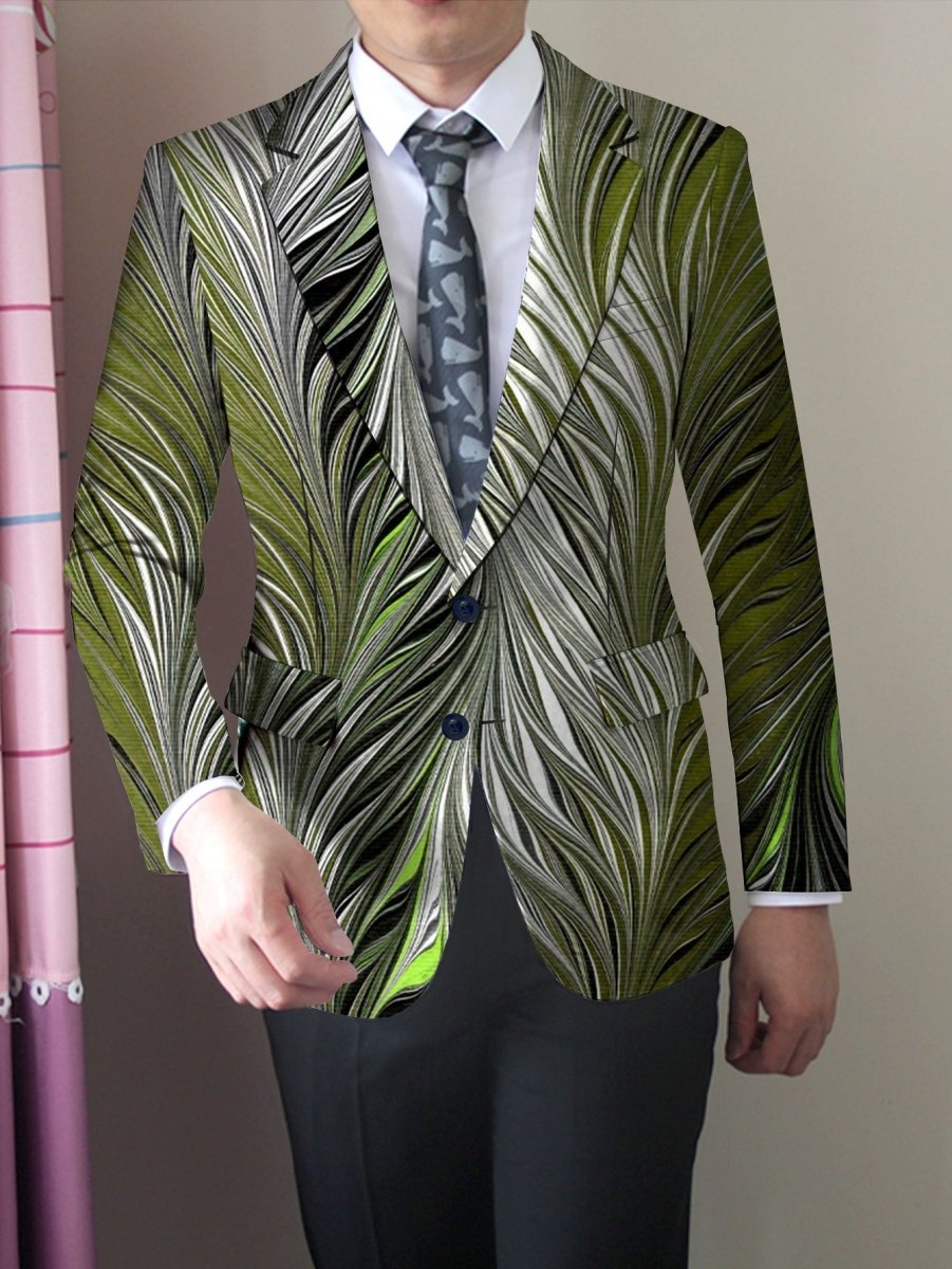 Men's slim fit feather print blazer by SHOWLU FASHION STORE, stylish single button jacket with vibrant feather design and long sleeves.