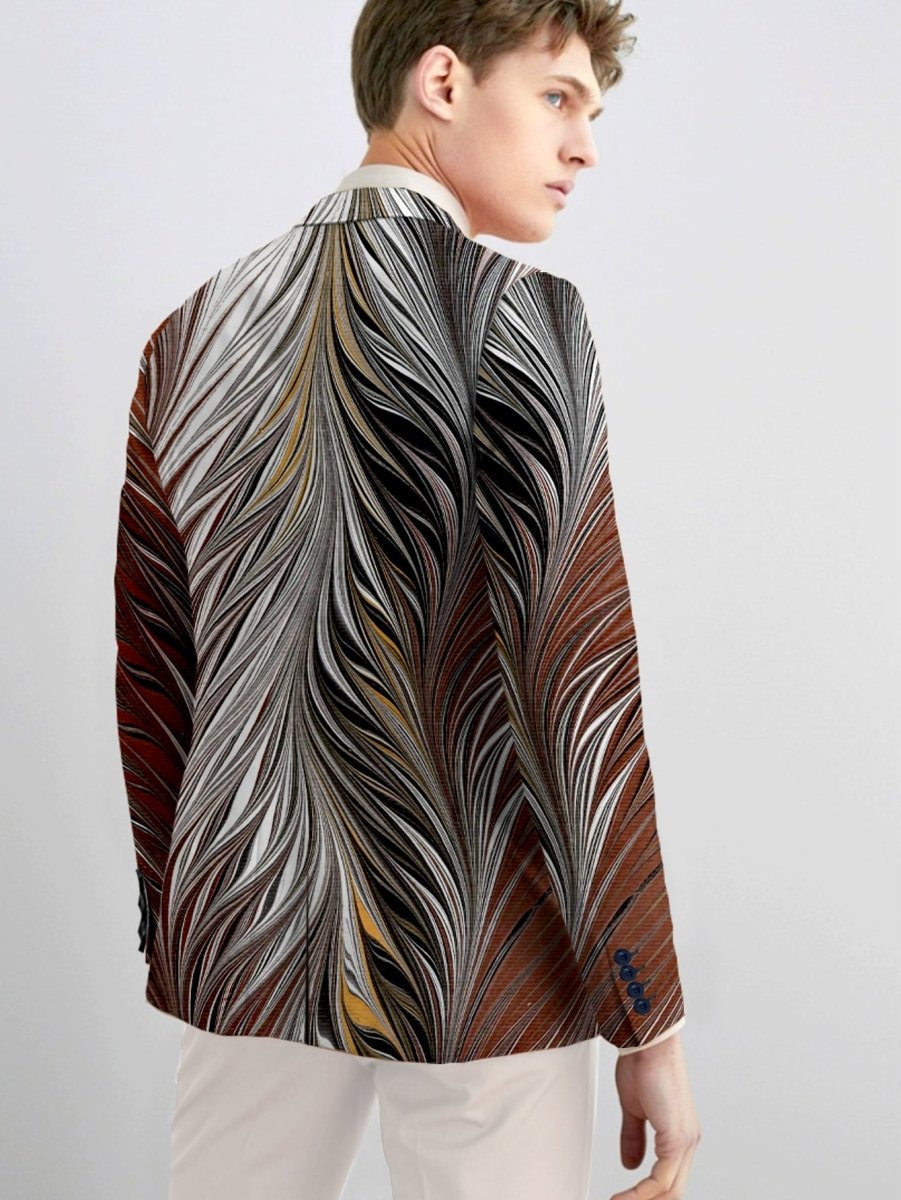 Men's slim fit feather print blazer by SHOWLU FASHION STORE, vibrant single-button jacket with long sleeves and stylish design.