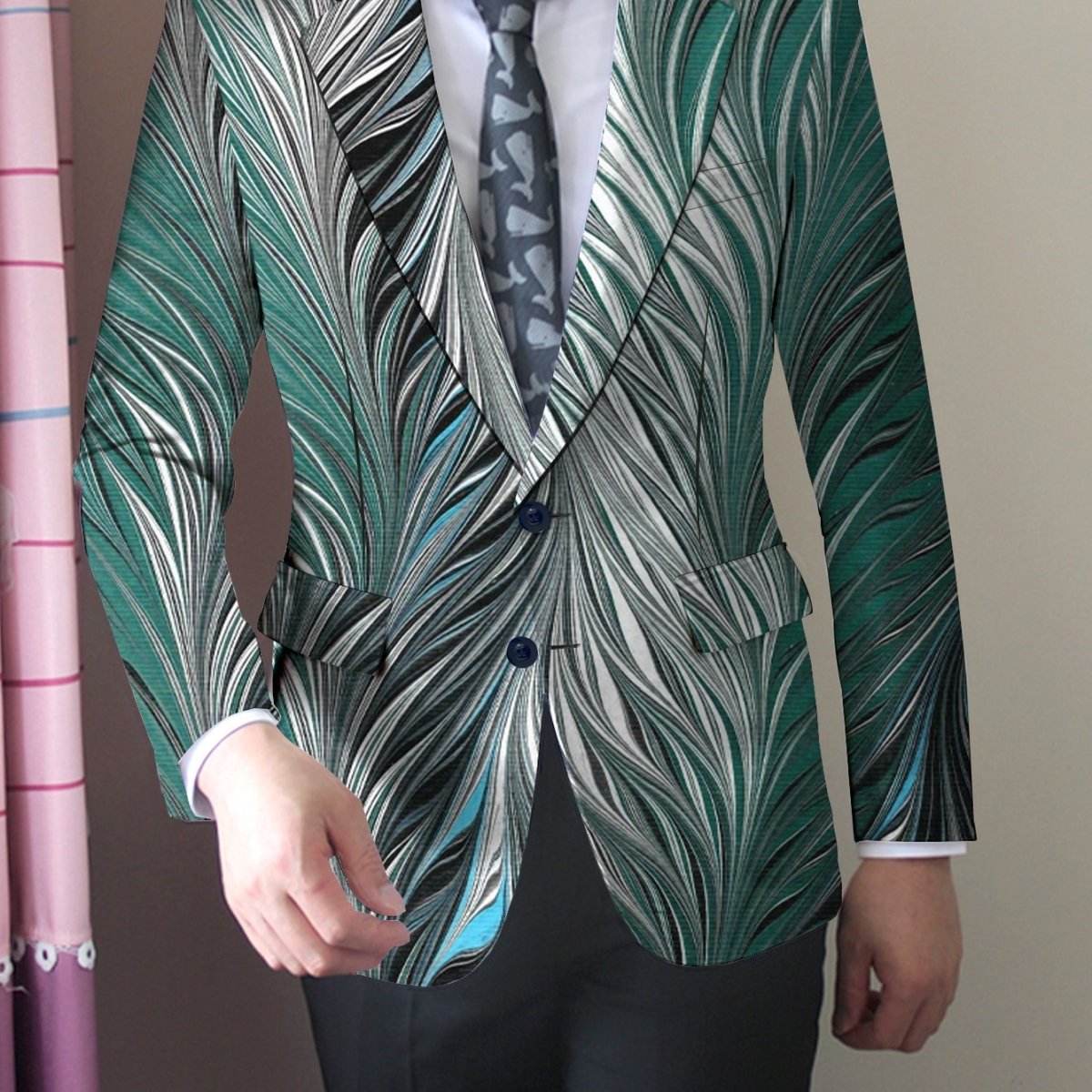 SHOWLU men's slim fit feather print blazer with vibrant design, single button, long sleeves, suitable for casual or social events.