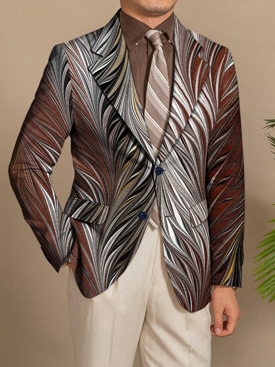 SHOWLU Men's slim fit feather print blazer with single button, long sleeves, stylish design for casual or social events.