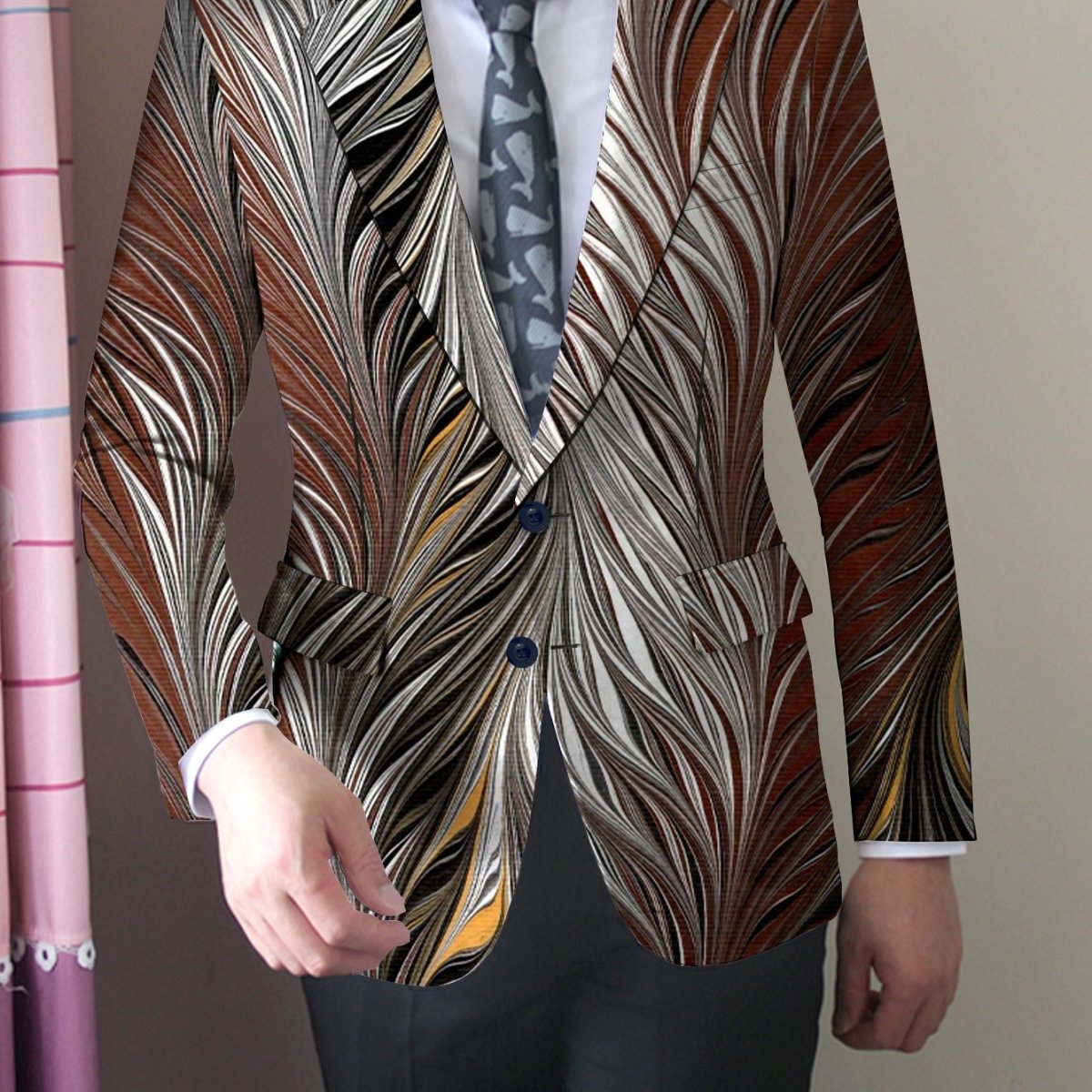 Men's slim fit feather print blazer by SHOWLU FASHION STORE, vibrant casual single-button jacket with long sleeves for stylish events.