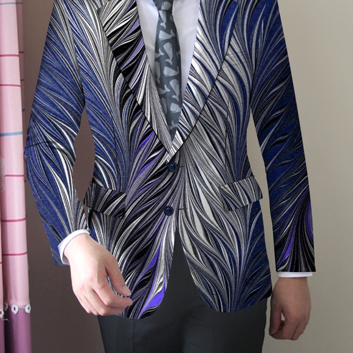 SHOWLU men's slim fit feather print blazer with vibrant design, single button, long sleeves, ideal for casual or social occasions.