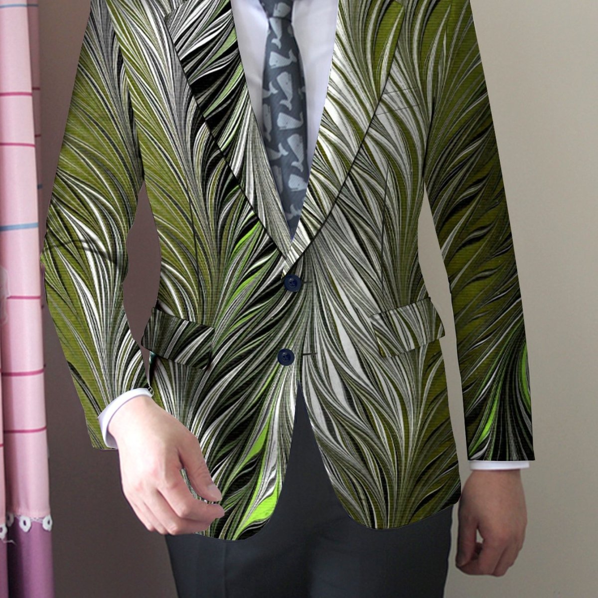 Men's slim fit feather print blazer by SHOWLU FASHION STORE, vibrant casual single-button jacket with long sleeves and stylish design.