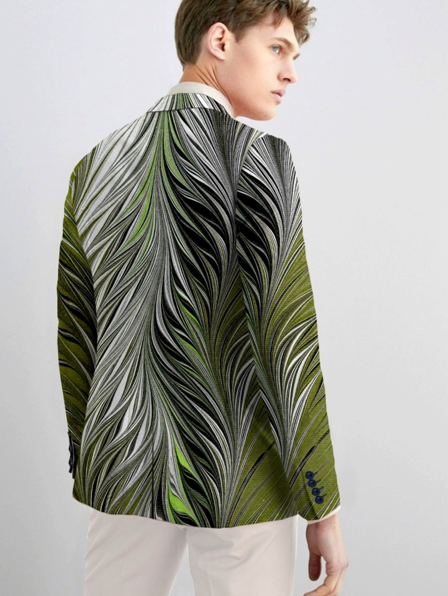 Men's slim fit feather print blazer by SHOWLU Fashion Store, vibrant casual single-button jacket with long sleeves and stylish design.