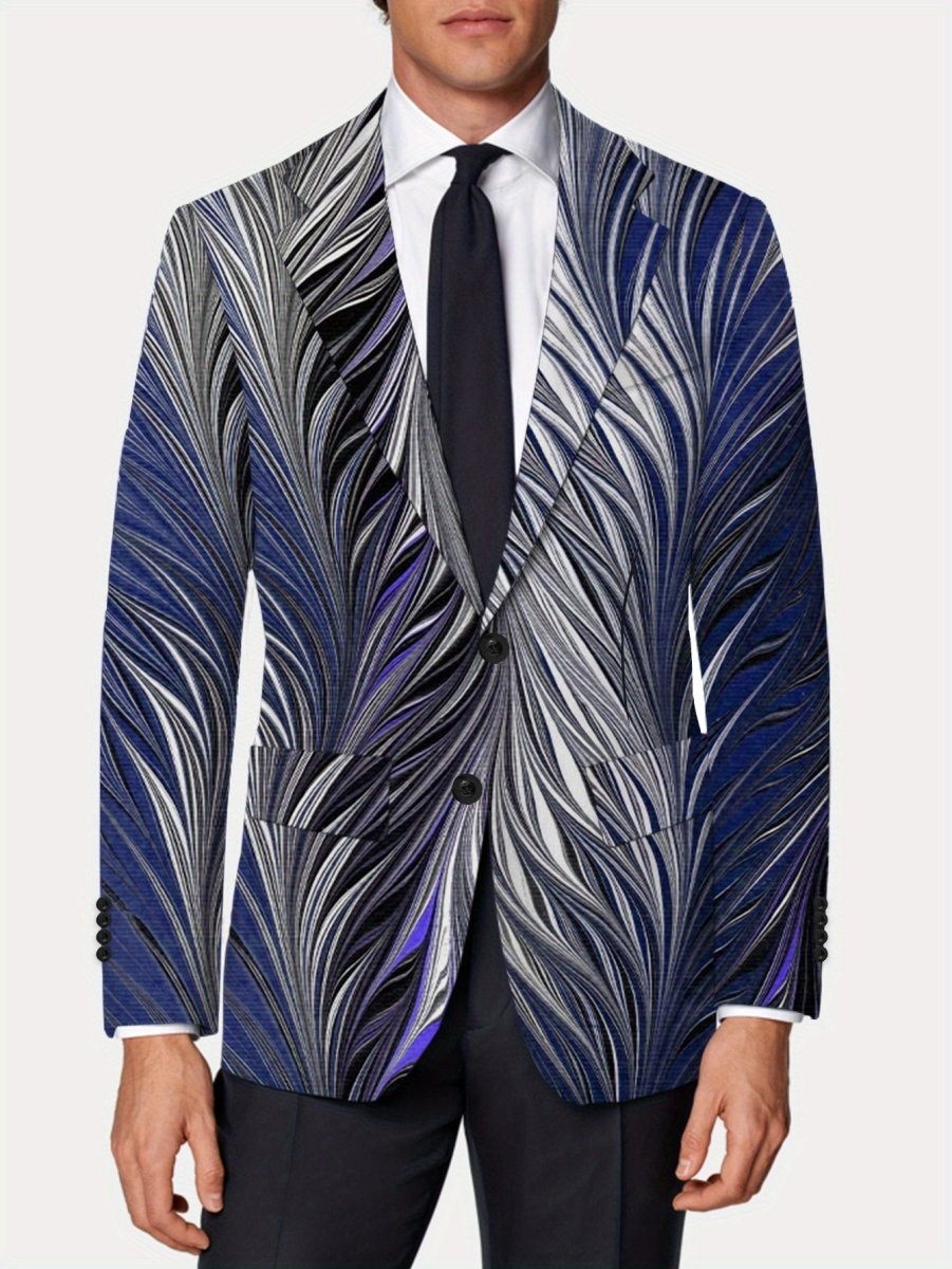 SHOWLU Men's slim fit feather print blazer with single button, vibrant design, long sleeves, suitable for casual or formal occasions.