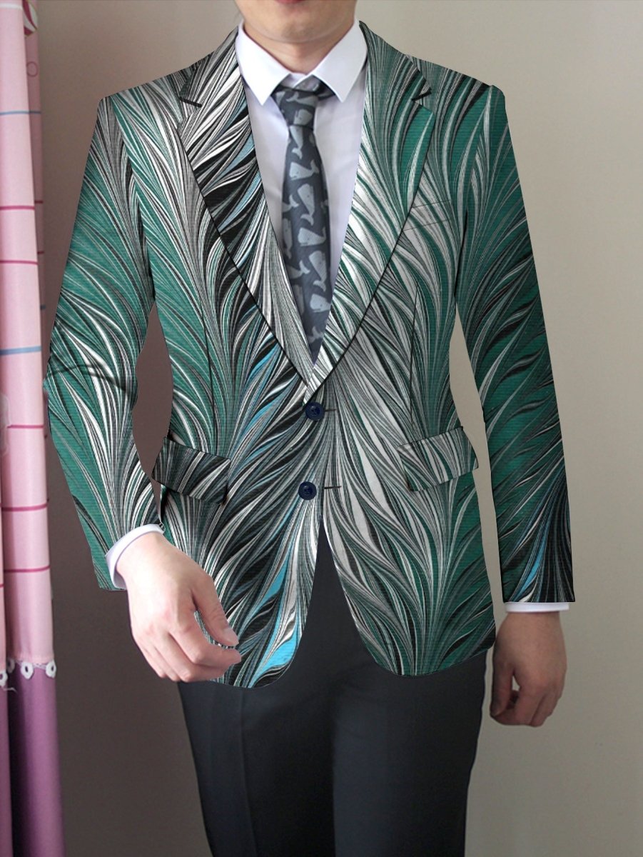 Men's slim fit feather print blazer by SHOWLU FASHION STORE, vibrant single-button jacket with long sleeves and stylish feather design.