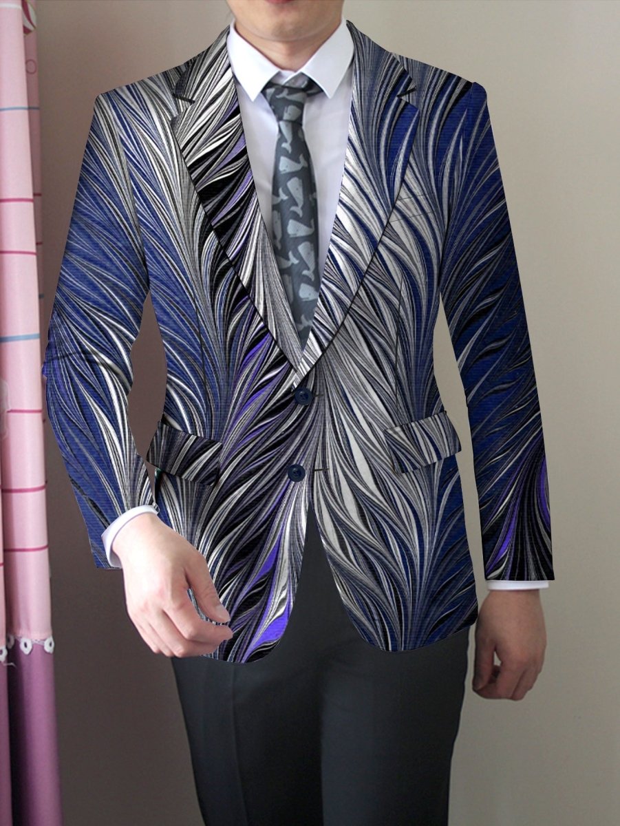 SHOWLU Men's slim fit feather print blazer with single button, long sleeves, stylish casual jacket for business or social events.