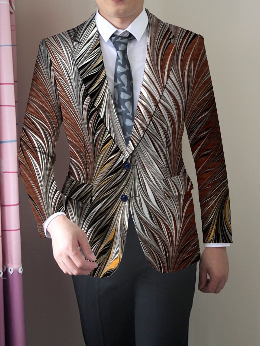 SHOWLU men's slim fit feather print blazer with vibrant design, single button, long sleeves, suitable for casual or social events.
