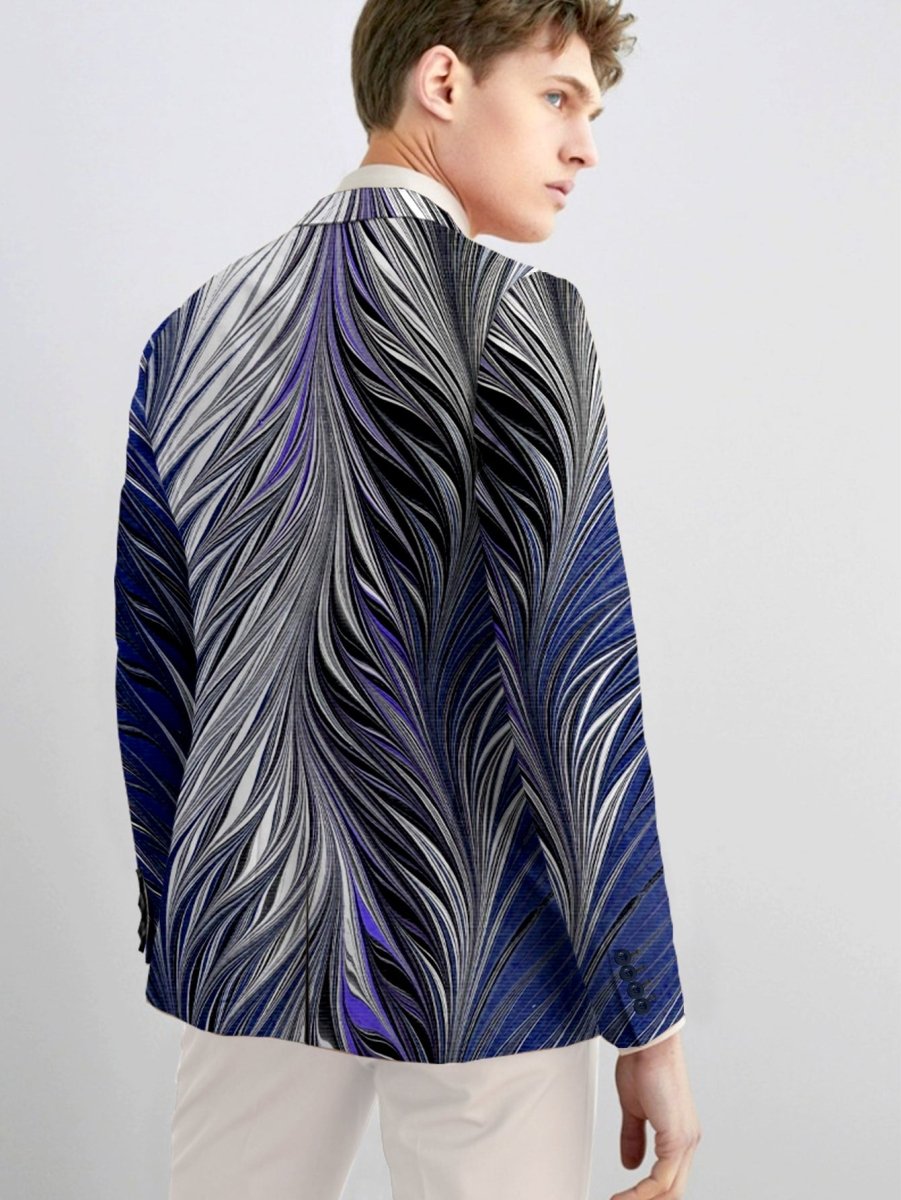 Men's slim fit feather print blazer from SHOWLU FASHION STORE with single button, long sleeves, vibrant design for casual or social events.