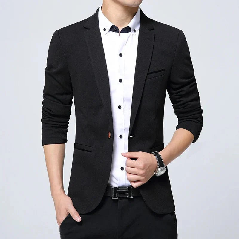 Men's slim fit black suit jacket from SHOWLU FASHION STORE, single-breasted blazer ideal for formal occasions and smart casual wear.