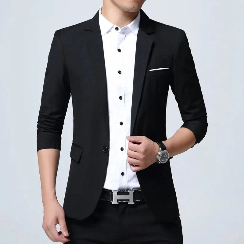 Slim fit men's suit jacket by SHOWLU FASHION STORE, single-breasted formal blazer for smart casual and wedding attire.
