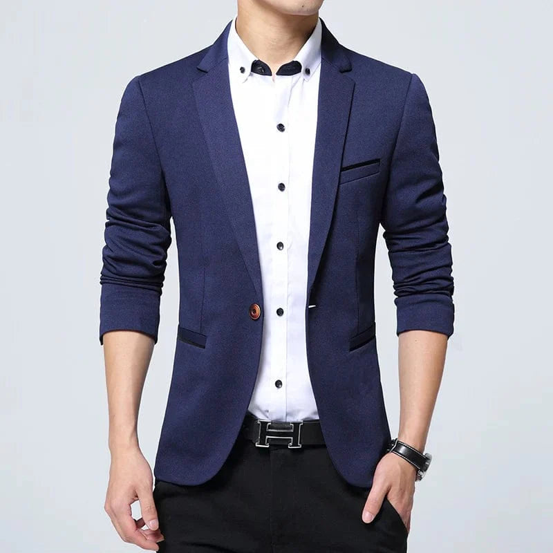 Men's slim fit black suit jacket from SHOWLU FASHION STORE, single-breasted formal blazer ideal for business or special occasions.