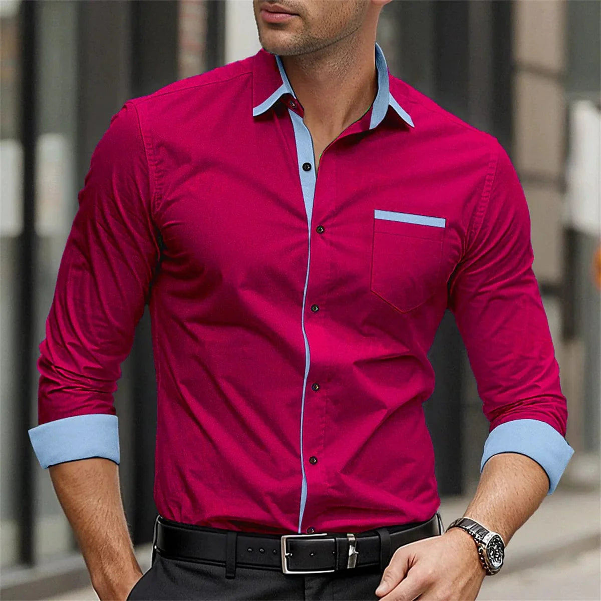 Showlu Fashion men's silk and bamboo fiber formal business casual shirt in solid color with long sleeves and button-up design.