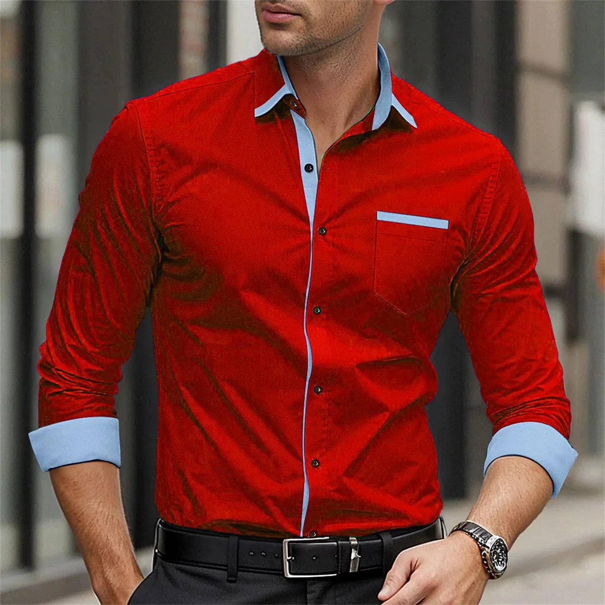 Men's solid-color silk and bamboo fiber formal business casual shirt with long sleeves and button-up design.