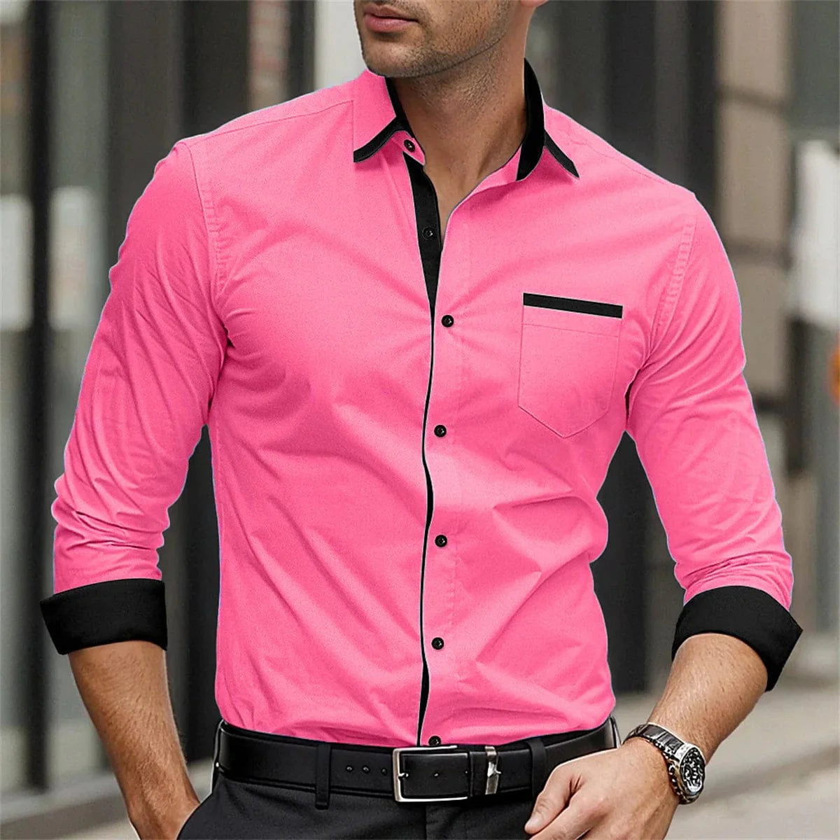 Showlu Fashion men's silk and bamboo fiber formal business casual shirt in solid color with long sleeves and button-up design.