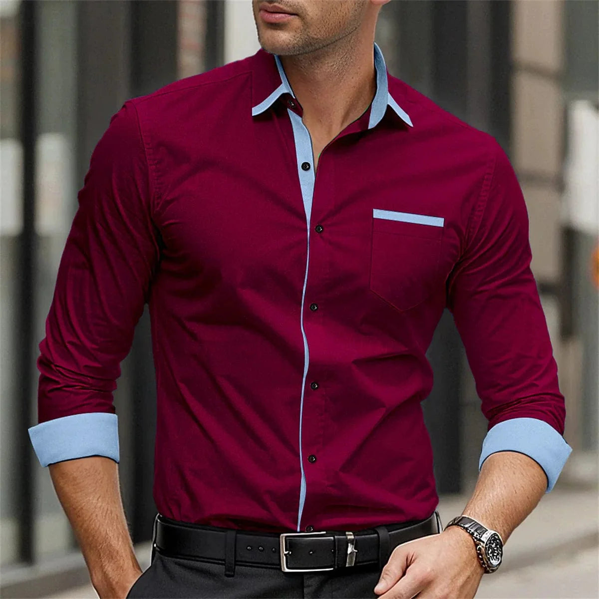 Showlu Fashion men's silk and bamboo fiber formal business casual shirt in solid color with button-up style and long sleeves.