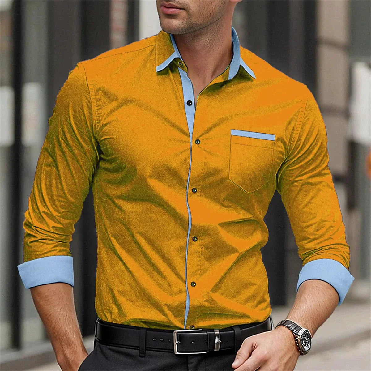 Showlu Fashion men's silk and bamboo fiber formal business casual shirt with long sleeves, button-up, solid color, and lapel collar.