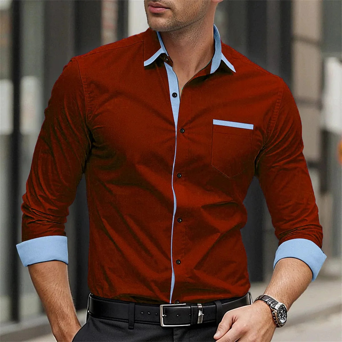 Men's solid silk and bamboo fiber formal business casual shirt with long sleeves, button-up design, and lapel from Showlu Fashion.
