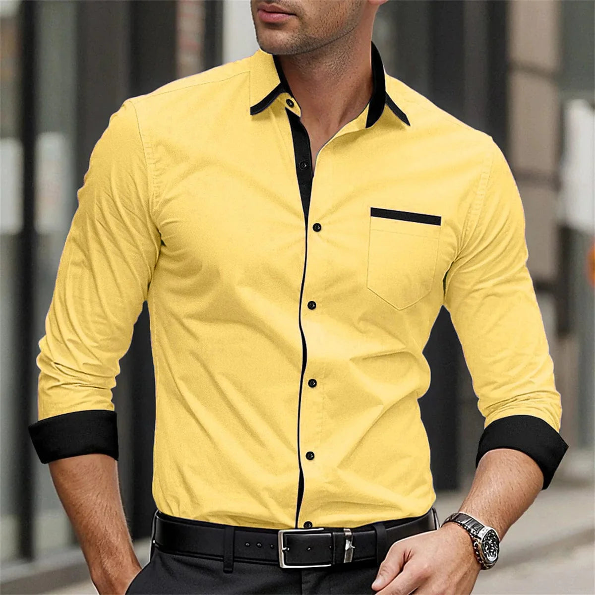 Men's solid silk and bamboo fiber formal business casual shirt with long sleeves, button-up front, and lapel in stylish streetwear design.