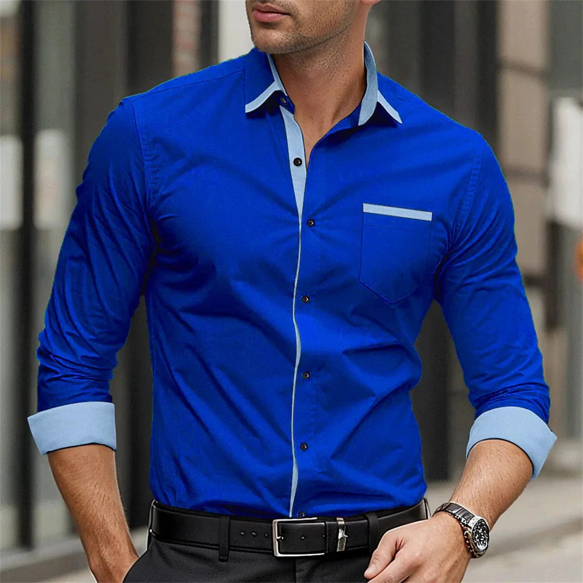 Men's silk and bamboo fiber formal business casual shirt in solid color, button-up style with long sleeves and lapel from Showlu Fashion.