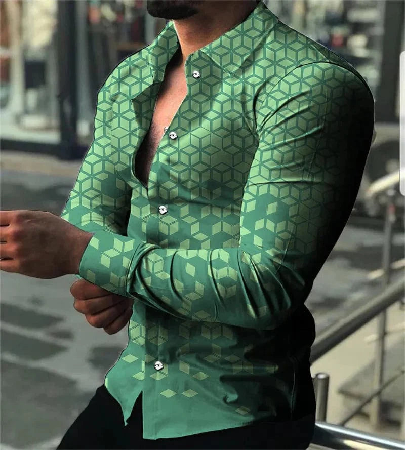 SHOWLU Men's star sky printed casual long sleeve shirt with button lapel, luxury design, suitable for four seasons.