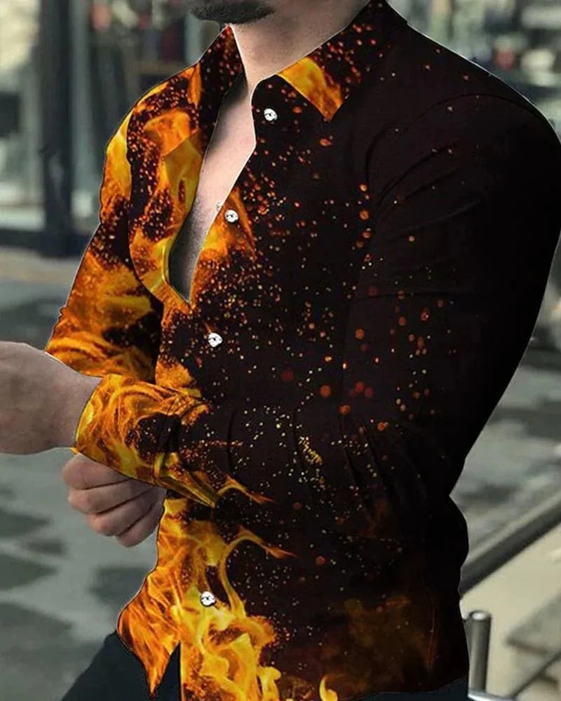 Men's SHOWLU STAR Sky printed casual long sleeve shirt with lapel collar, featuring a stylish star sky design for versatile wear.