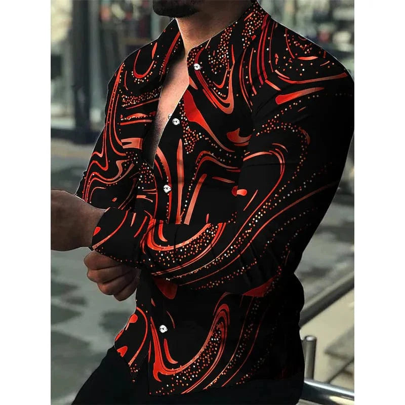 SHOWLU Men's star sky printed casual long sleeve shirt with button lapel, featuring a luxurious design and celestial pattern.