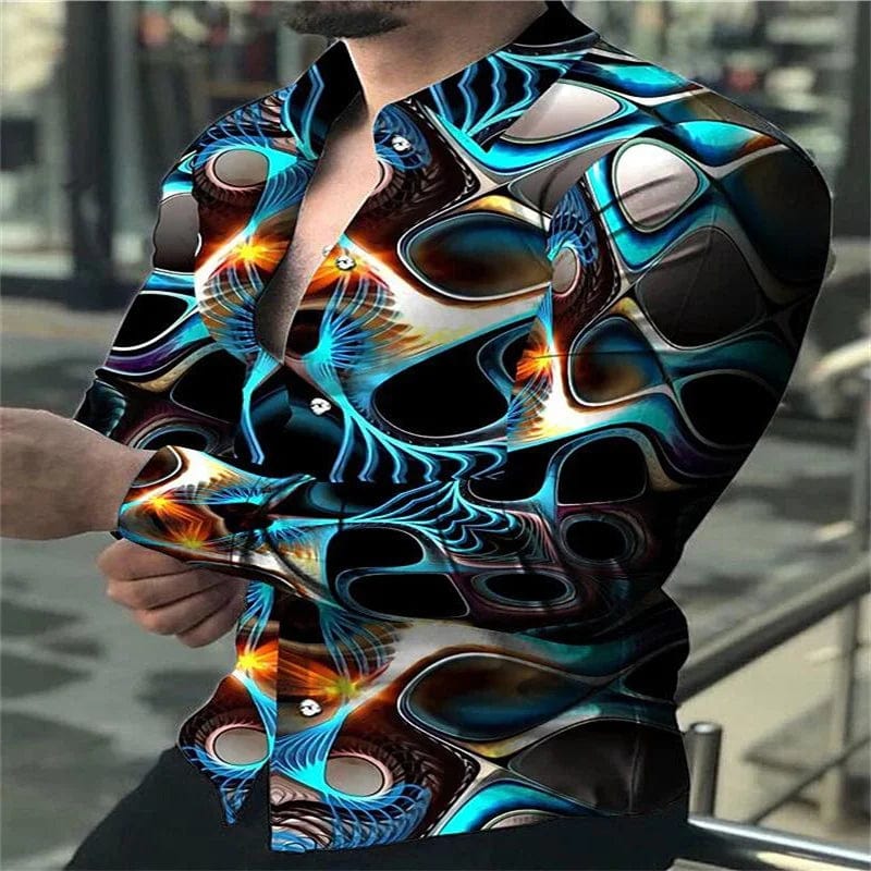 Men's SHOWLU star sky printed casual long sleeve shirt with button lapel, featuring a luxury design for all seasons.