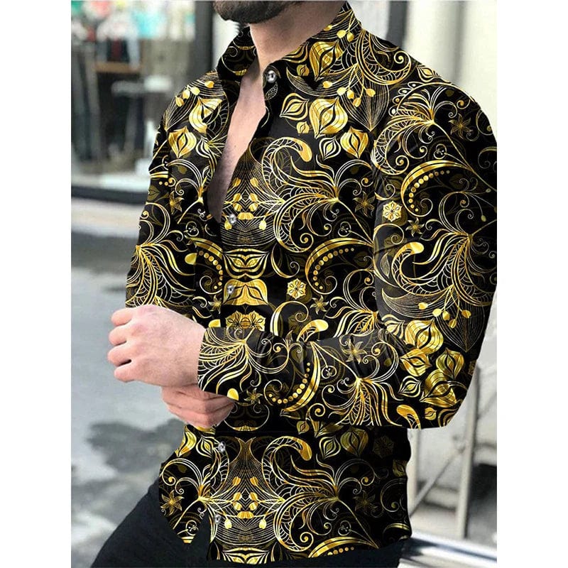 SHOWLU Men's star sky printed casual long sleeve shirt with button lapel, stylish luxury top for all seasons.