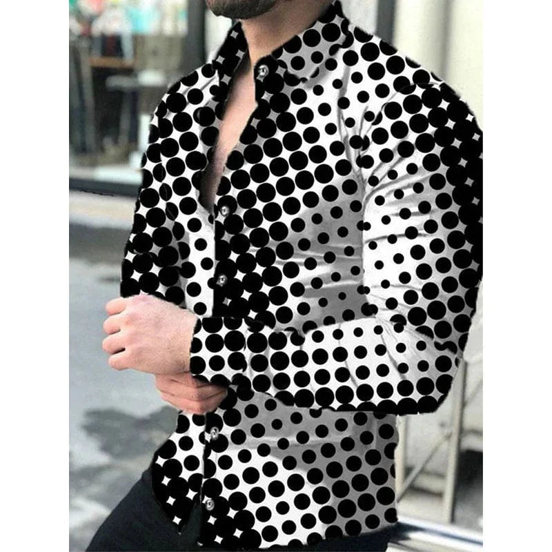 Men's SHOWLU Star Sky printed casual long sleeve shirt featuring a celestial design, button lapel, and luxury fabric for four seasons.