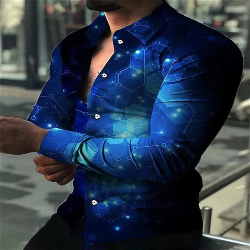 Men's SHOWLU Star Sky printed casual long sleeve shirt with button lapel, featuring a luxury starry sky design, suitable for all seasons.