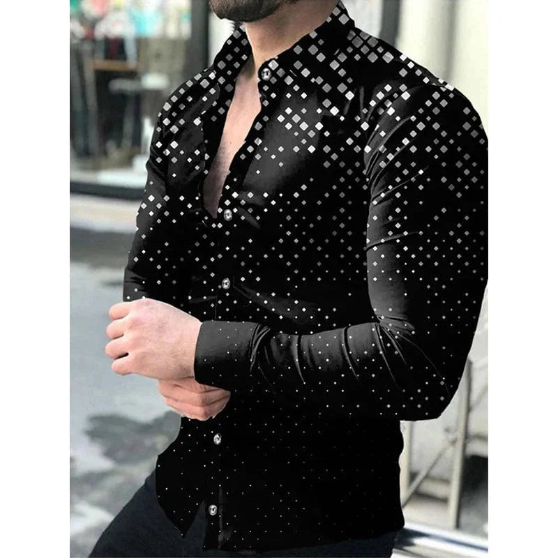 SHOWLU Men's star sky printed casual long sleeve shirt with button lapel, luxury design, suitable for four seasons.
