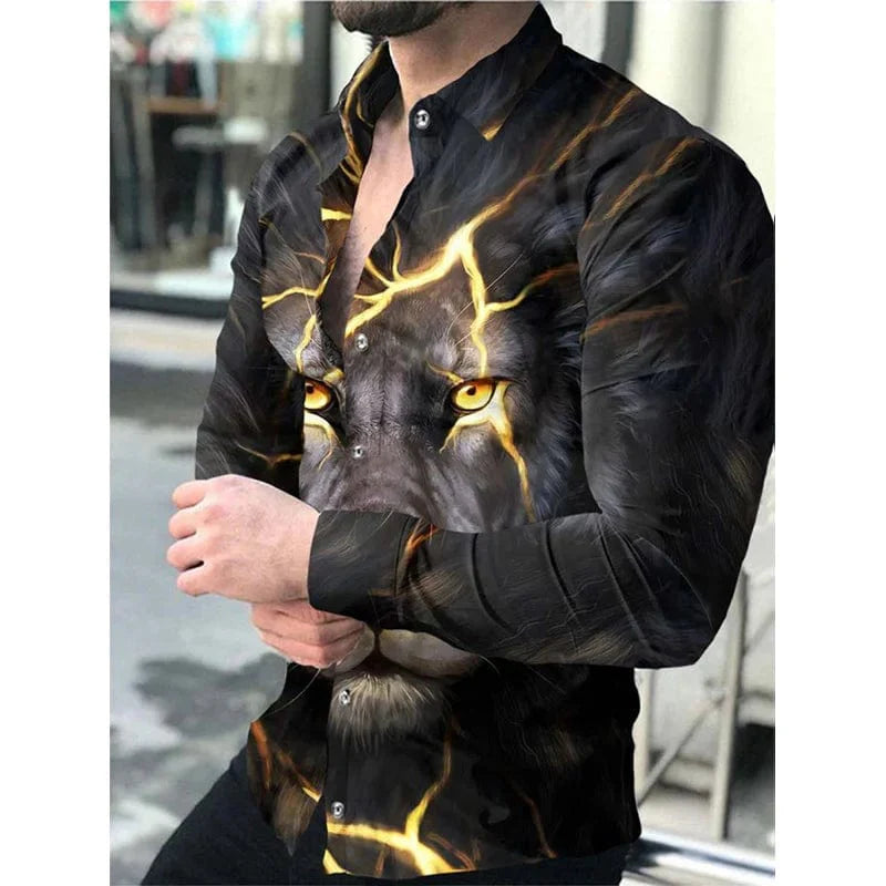 SHOWLU Men's Star Sky printed casual long sleeve shirt with button lapel, stylish design, suitable for all seasons.