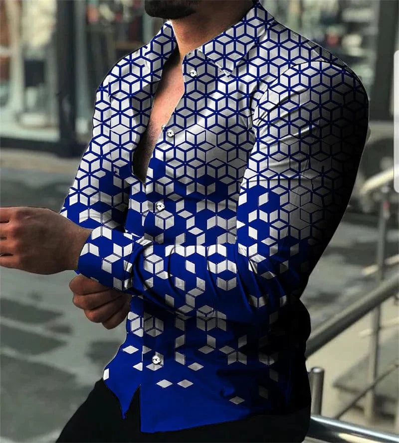 SHOWLU Men's star sky printed casual long sleeve shirt with button lapel, stylish luxury design, perfect for all seasons.