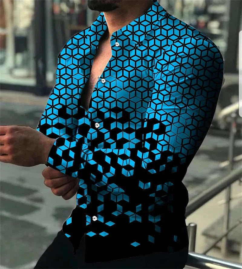 SHOWLU Men's star sky printed casual long sleeve shirt with button lapel, featuring a stylish star pattern for versatile wear.