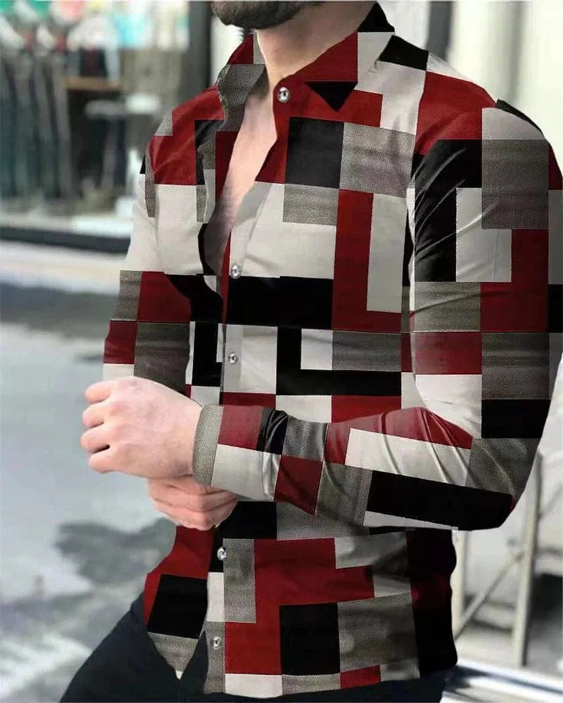Men's SHOWLU Star Sky printed casual long sleeve shirt with button lapel, featuring a celestial star design, suitable for four seasons.