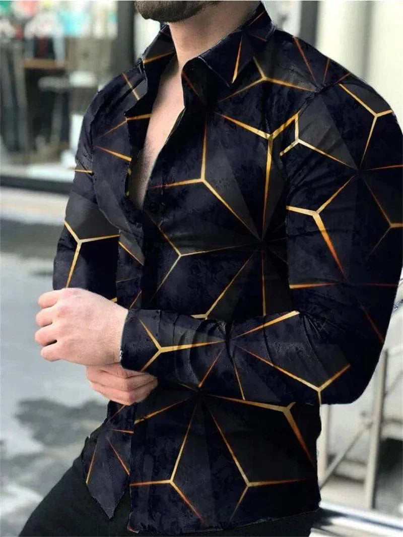 Men's SHOWLU STAR SKY printed casual long sleeve shirt with button lapel, featuring a celestial design, suitable for all seasons.