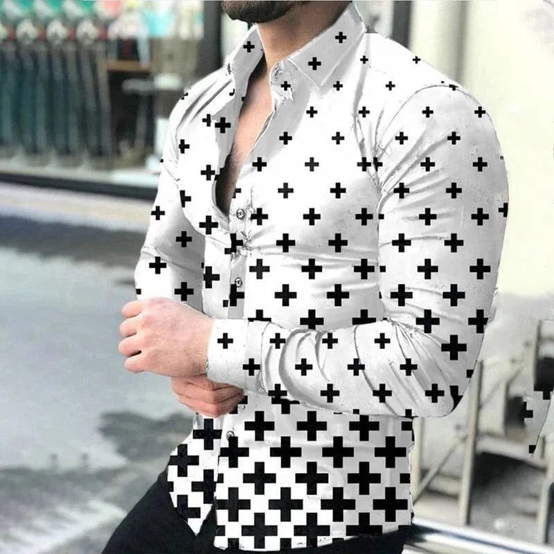 SHOWLU Men's Star Sky printed casual long sleeve shirt with button lapel, luxury design, suitable for four seasons.