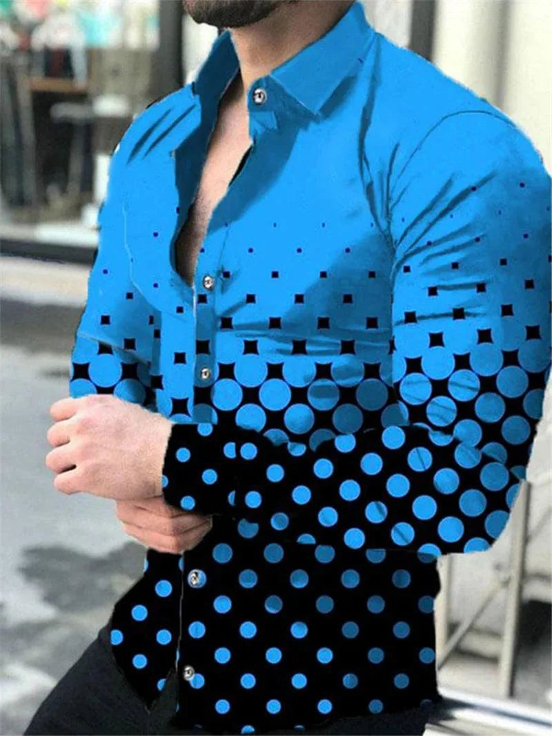 SHOWLU Men's Star Sky printed casual long sleeve shirt with button lapel, luxury design, suitable for four seasons.
