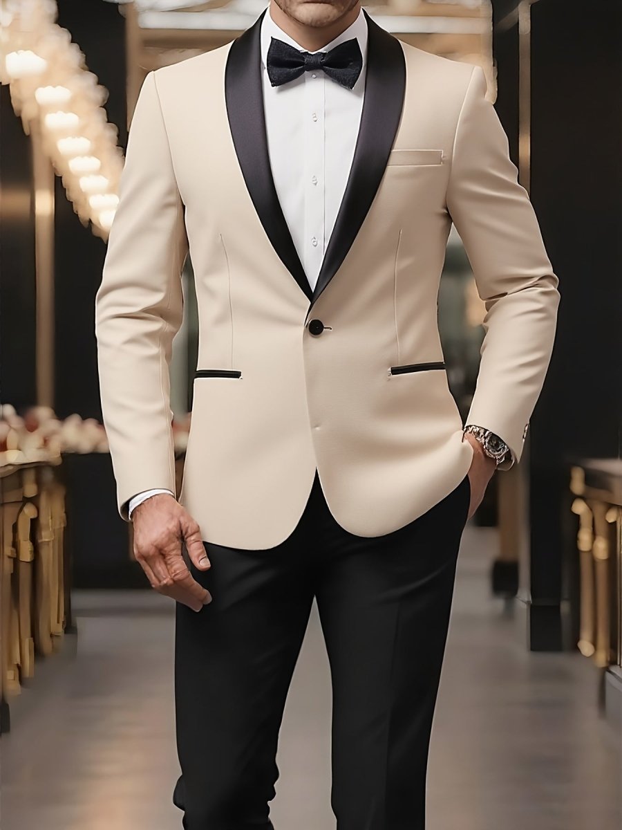 Men's beige single-button blazer with polyester fabric, black shawl lapel, long sleeves, stylish casual blazer for all seasons.
