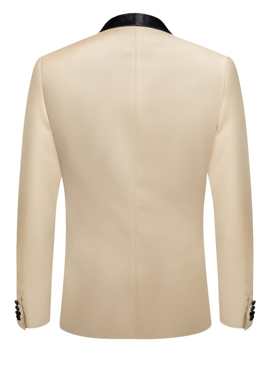 Men's beige single-button blazer with black shawl lapel, long sleeves, casual stylish design, made of polyester fabric for all seasons.