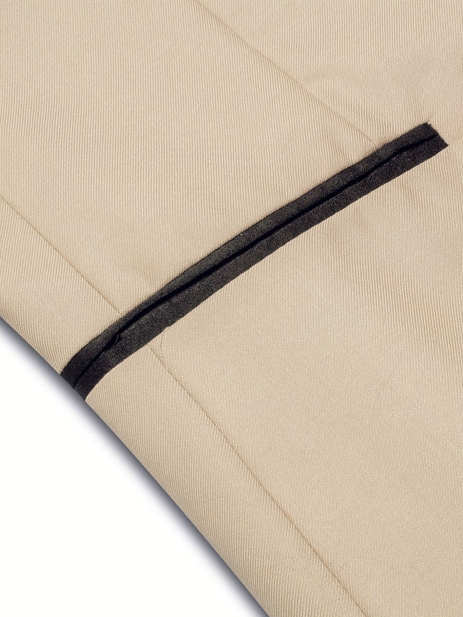 Men's beige single-button blazer with black shawl lapel, long sleeves, stylish polyester fabric, casual yet elegant for all seasons.