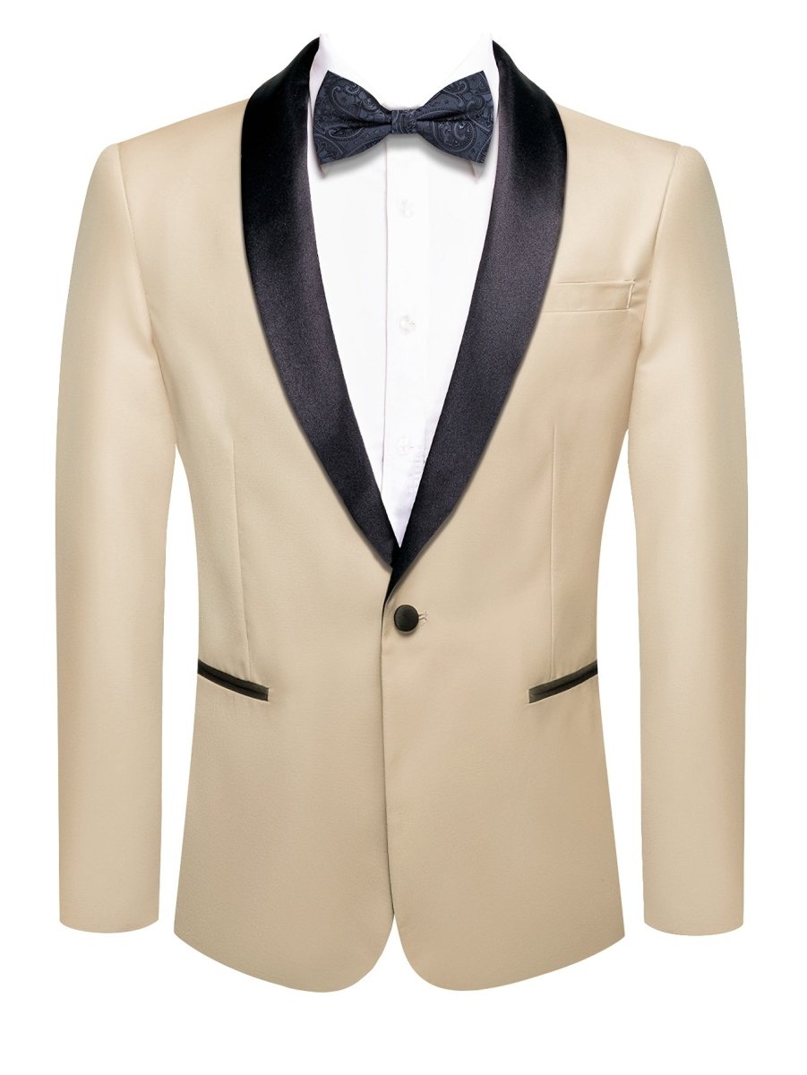 Men's beige single-button blazer with black lapel, stylish polyester blazer for men, casual and elegant design for all seasons.