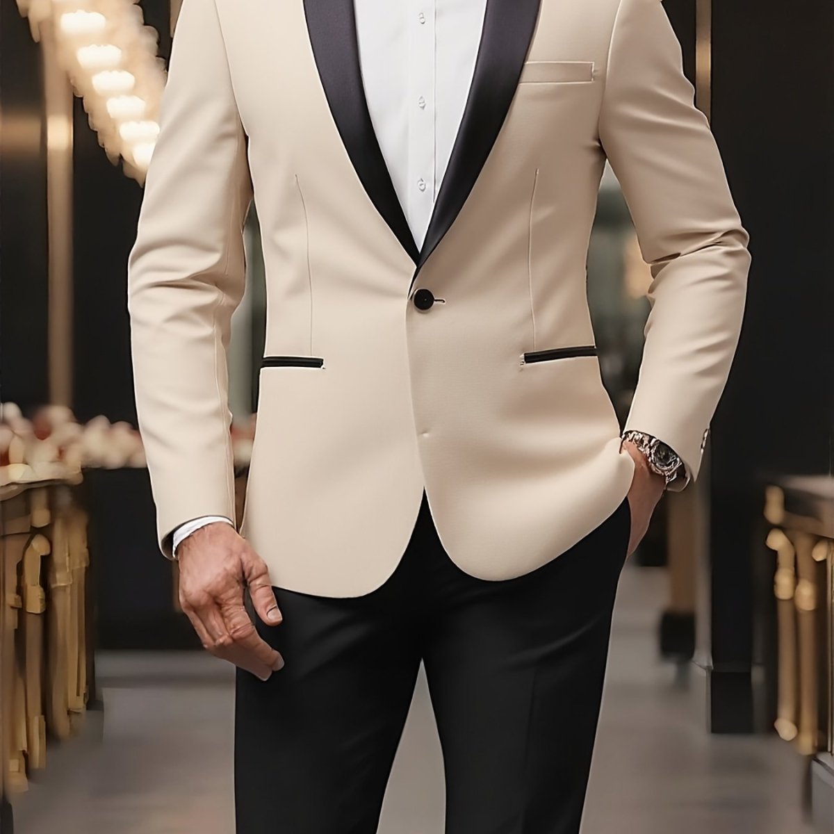 Men's beige single-button blazer by SHOWLU FASHION STORE with black shawl lapel, long sleeves, stylish casual blazer in polyester fabric.